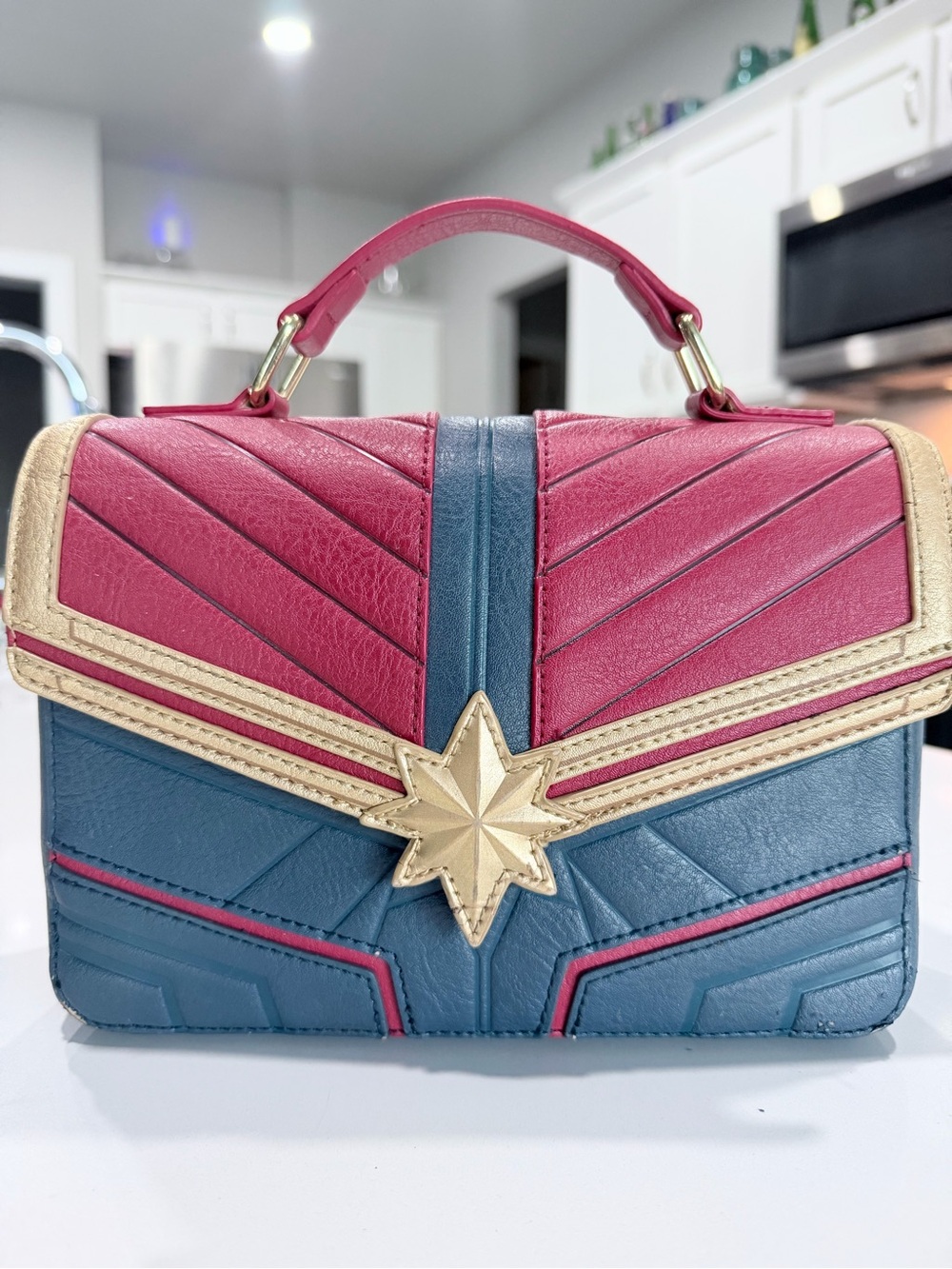 Leather Mini Top-Handle Bag in Pink, Blue & Gold